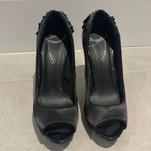 Bershka women size 36 satin black and sequin heels open toe shoes platform Y2K